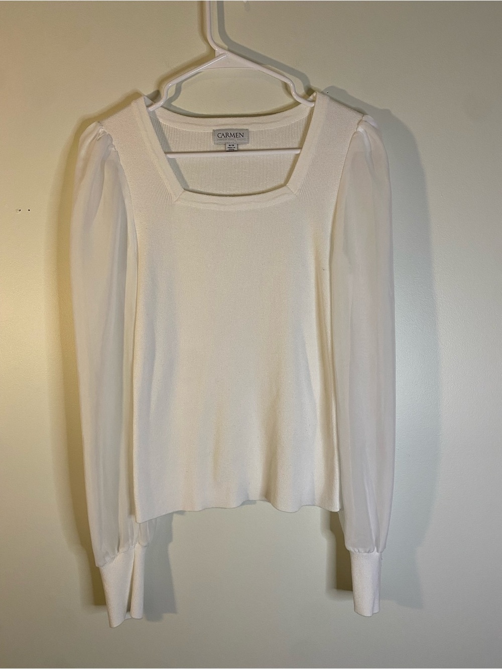 Carmen Sheer Puff Sleeve Square Neck Top in White